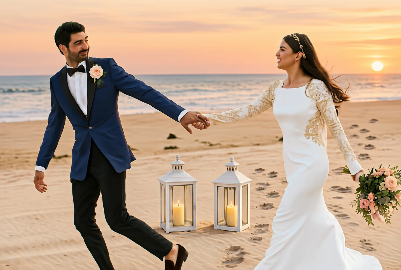 Beach wedding, MT Forcing turn 8: Restore champagne-gold embroidery on the sleeves, shoulder lace, and side cutout panels